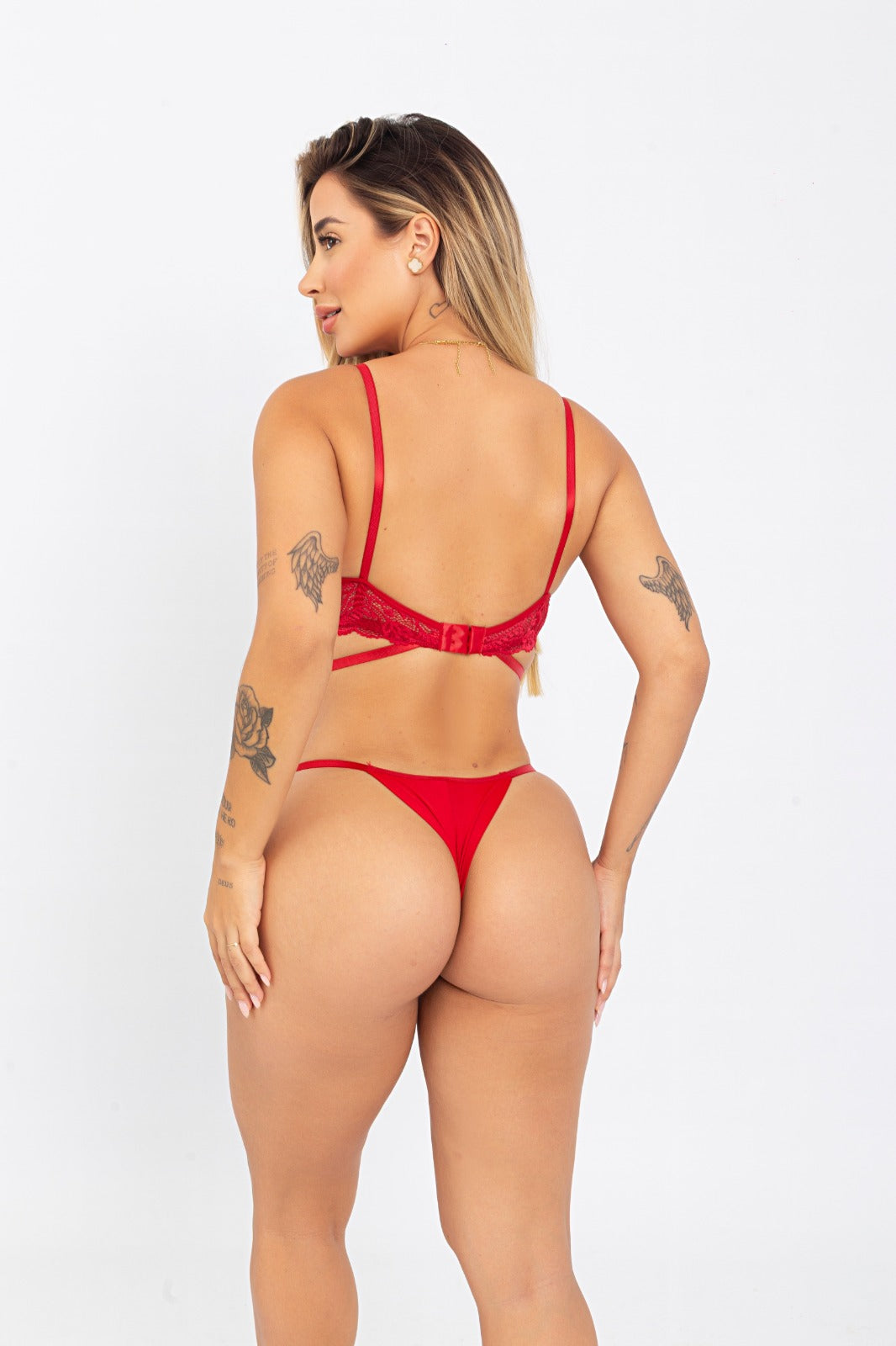CONJUNTO RENDADO FIO DUPLO VERMELHO E PRETO