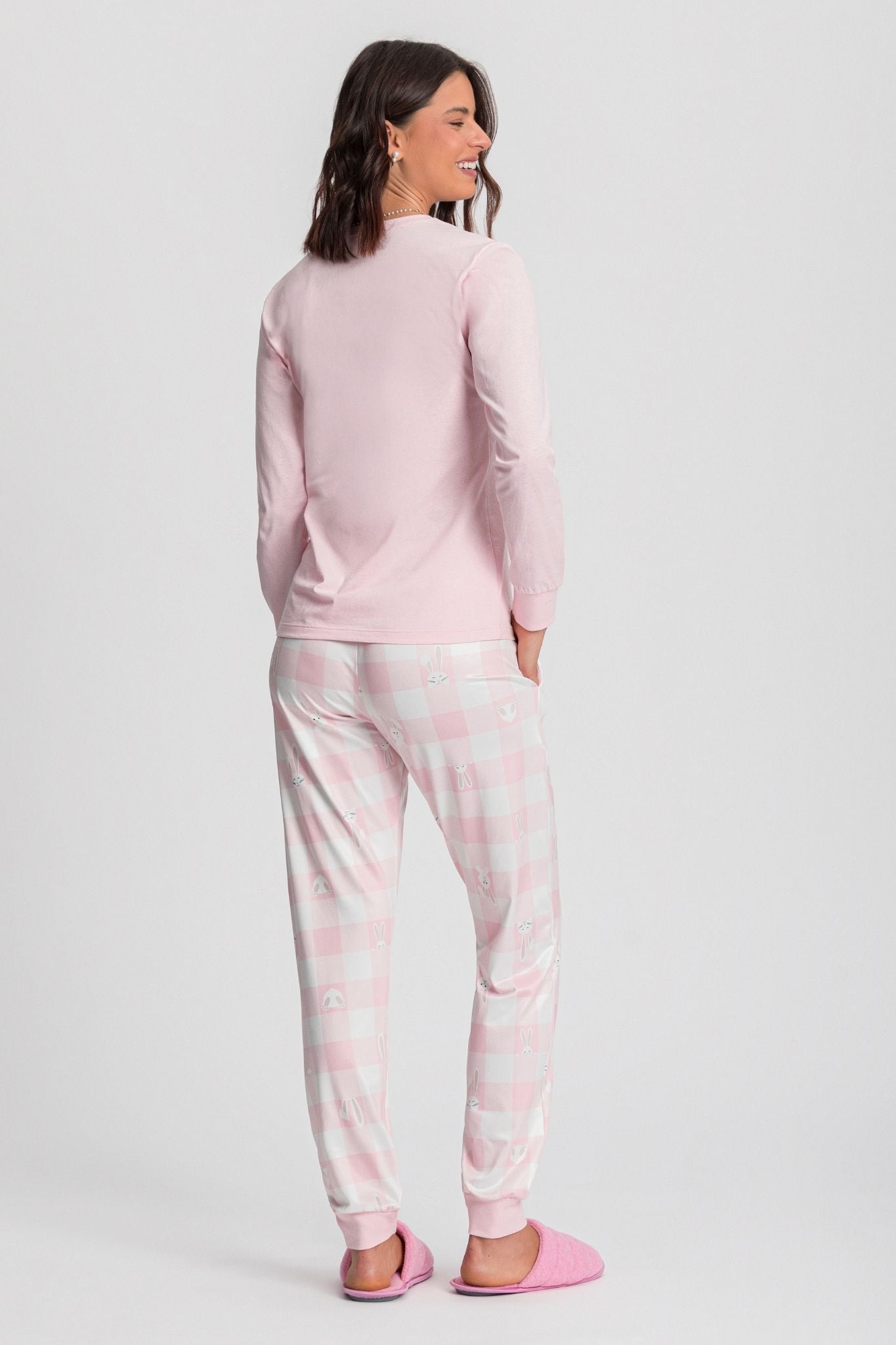 Pijama manga longa rosa coelhos Mensageiro dos Sonhos