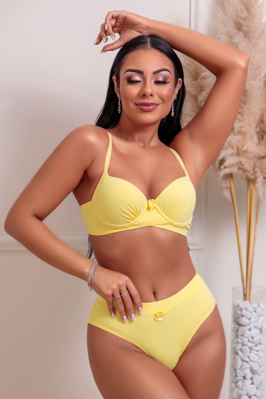 Conjunto Nilva amarelo - sutiã básico com base em elástico e calcinha confortável Del Laras