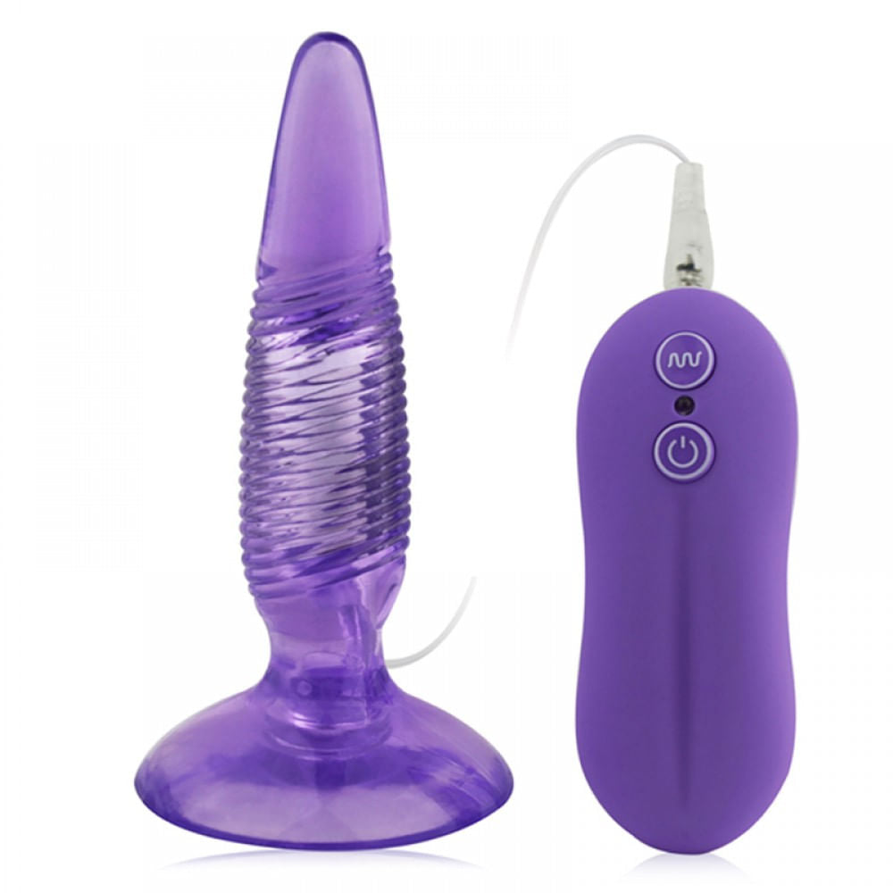 Plug Anal Twister Formato Cônico e Relevos Anelados Vibrador e Controle - Roxo