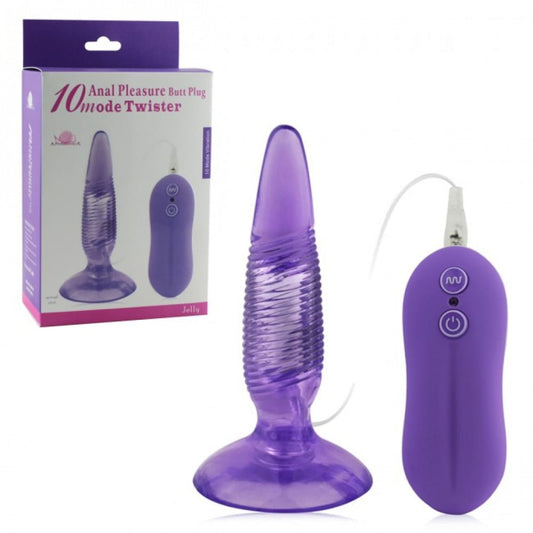 Plug Anal Twister Formato Cônico e Relevos Anelados Vibrador e Controle - Roxo