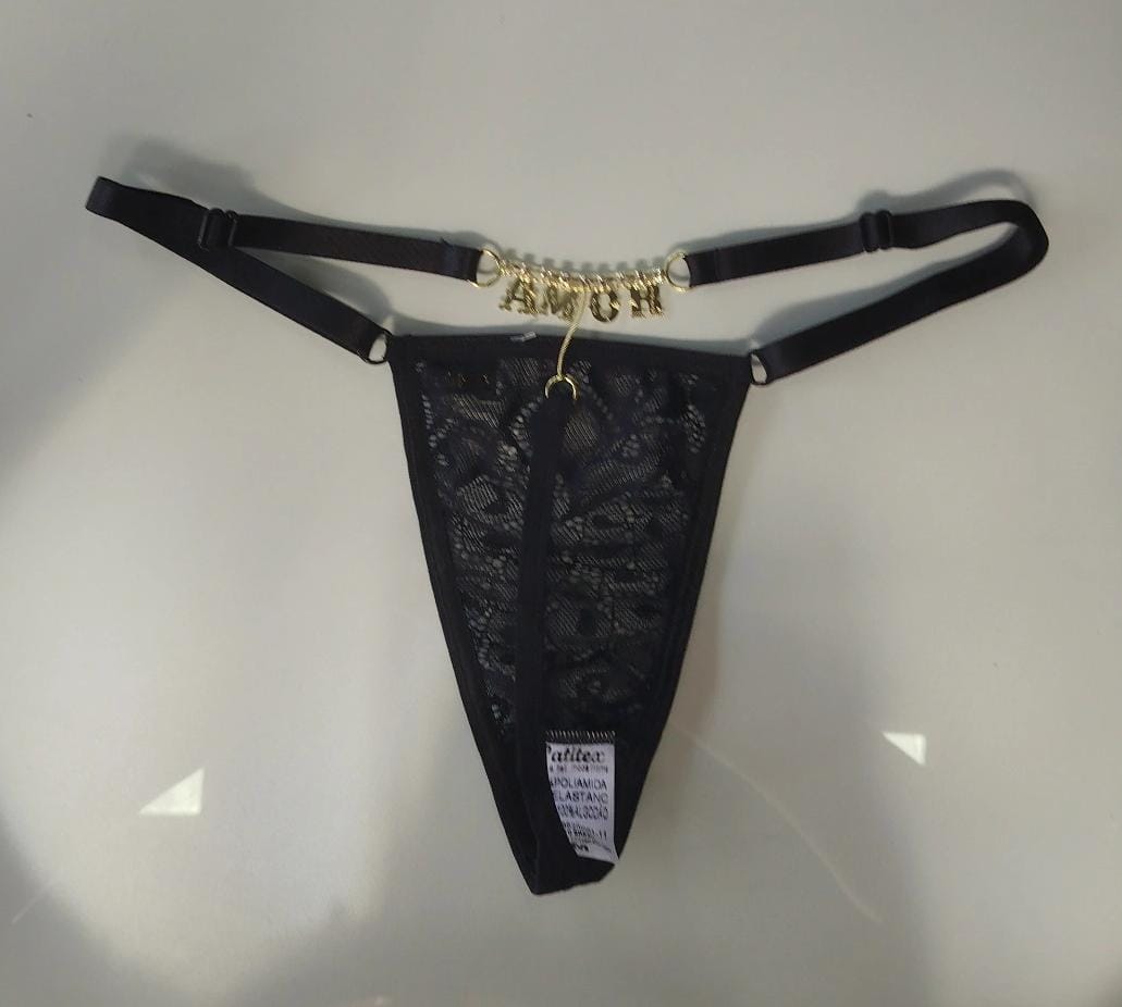 Tanga fio erótica "Amor" com strass preta Patitex