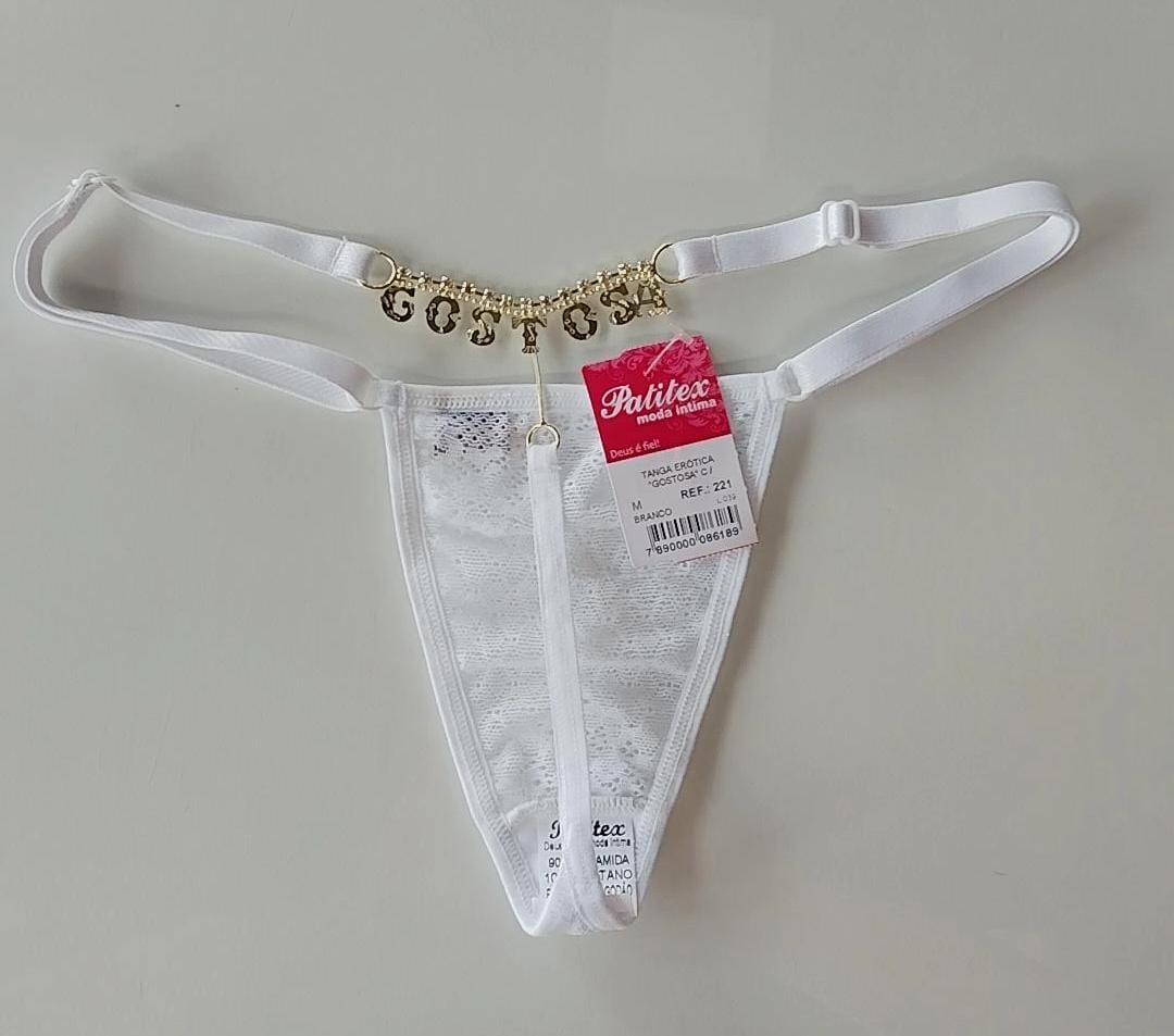 Tanga fio erótica "Gostosa" branca com strass Patitex