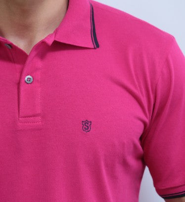 Camisa Polo Lisa Com Friso Bordado Framboesa Sudotex