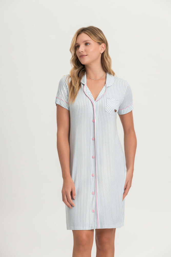 Camisola americano manga curta listras azuis Mensageiro dos Sonhos