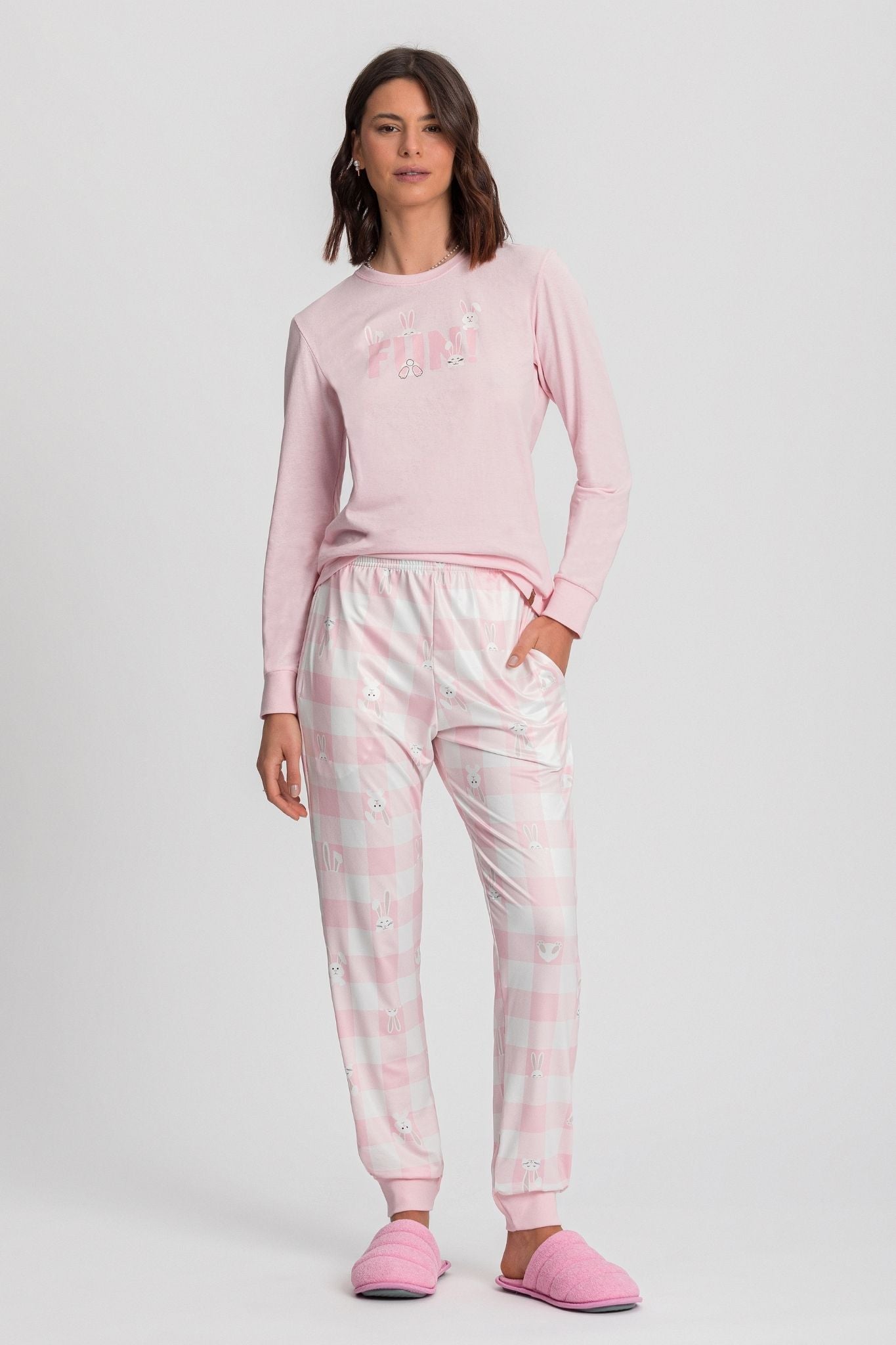 Pijama manga longa rosa coelhos Mensageiro dos Sonhos