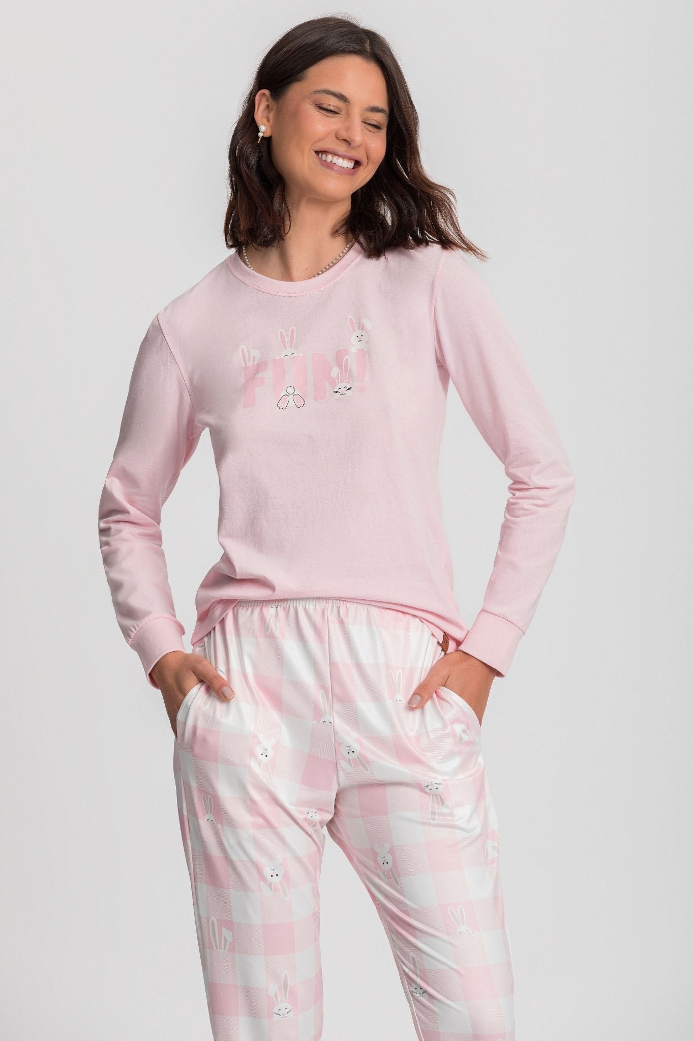 Pijama manga longa rosa coelhos Mensageiro dos Sonhos