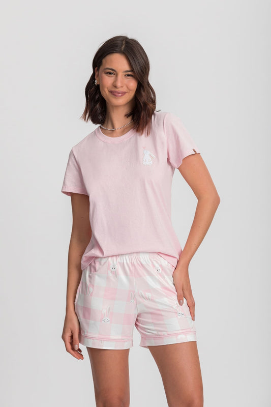 Pijama short doll rosa xadrez estampa coelho Mensageiro dos Sonhos