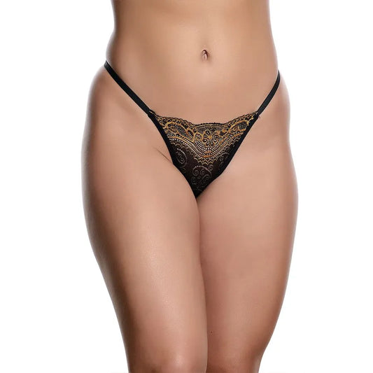 Calcinha Fio em Renda Bicolor com Regulagem Preta com Dourado Hot Love